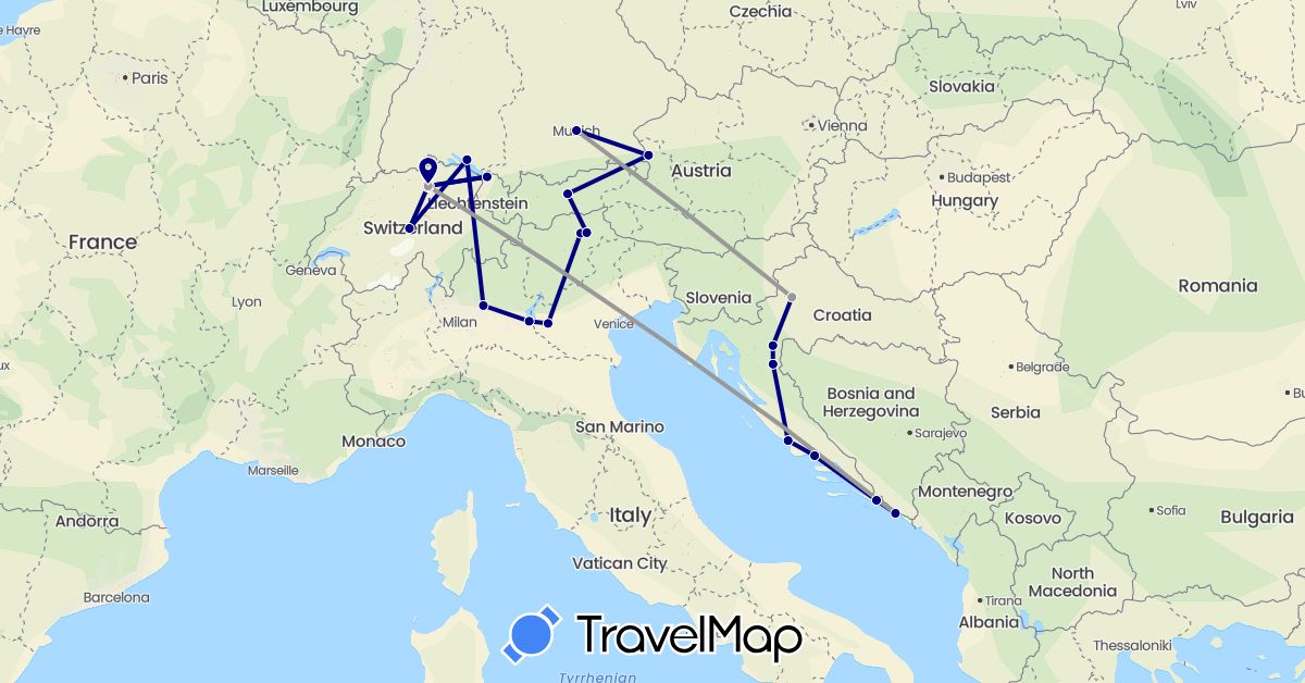 TravelMap itinerary: driving, plane in Austria, Switzerland, Germany, Croatia, Italy (Europe)